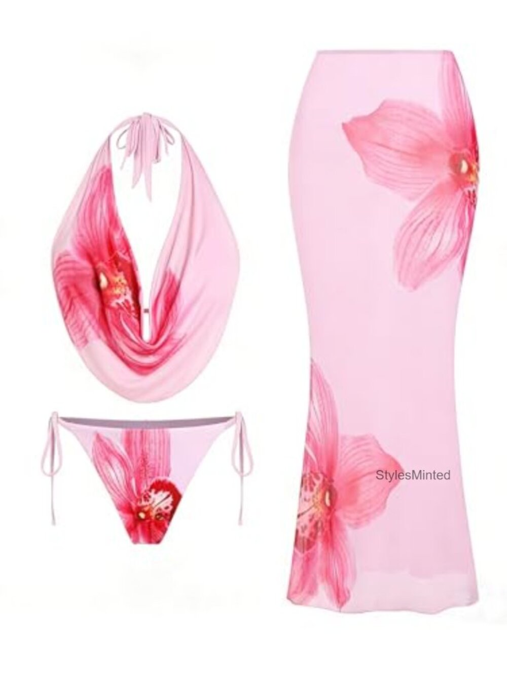 High Waisted Bikini Set Floral Halter Neck Mesh Swimwear 3 Piece
